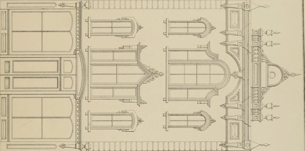 An illustration from Bicknell's village builder. Elevations and plans for cottages, villas, suburban residences, farm houses [etc.] also exterior and interior details for public and private buildings, with approved forms of contracts and specifications. Containing fifty-five plates drawn to scale, 1872, leaf 106