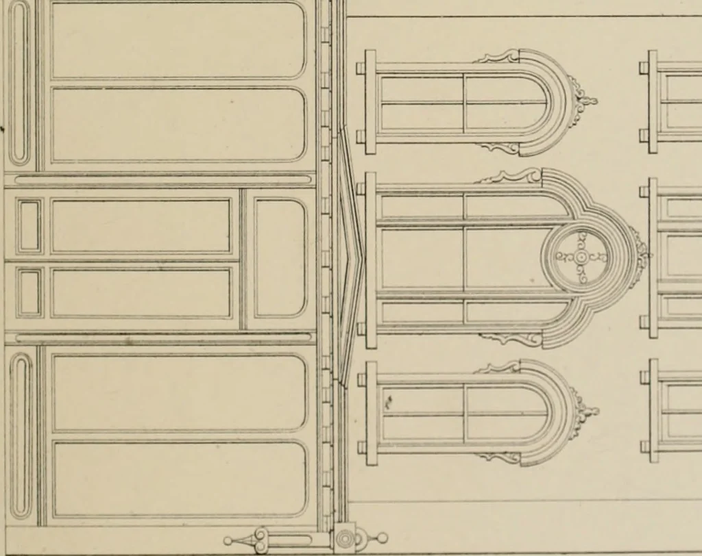 An illustration from Bicknell's village builder. Elevations and plans for cottages, villas, suburban residences, farm houses [etc.] also exterior and interior details for public and private buildings, with approved forms of contracts and specifications. Containing fifty-five plates drawn to scale, 1872, leaf 106