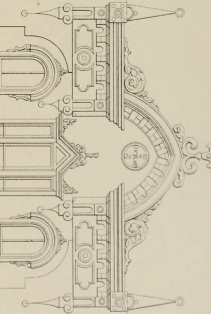 An illustration from Bicknell's village builder. Elevations and plans for cottages, villas, suburban residences, farm houses [etc.] also exterior and interior details for public and private buildings, with approved forms of contracts and specifications. Containing fifty-five plates drawn to scale, 1872, leaf 106