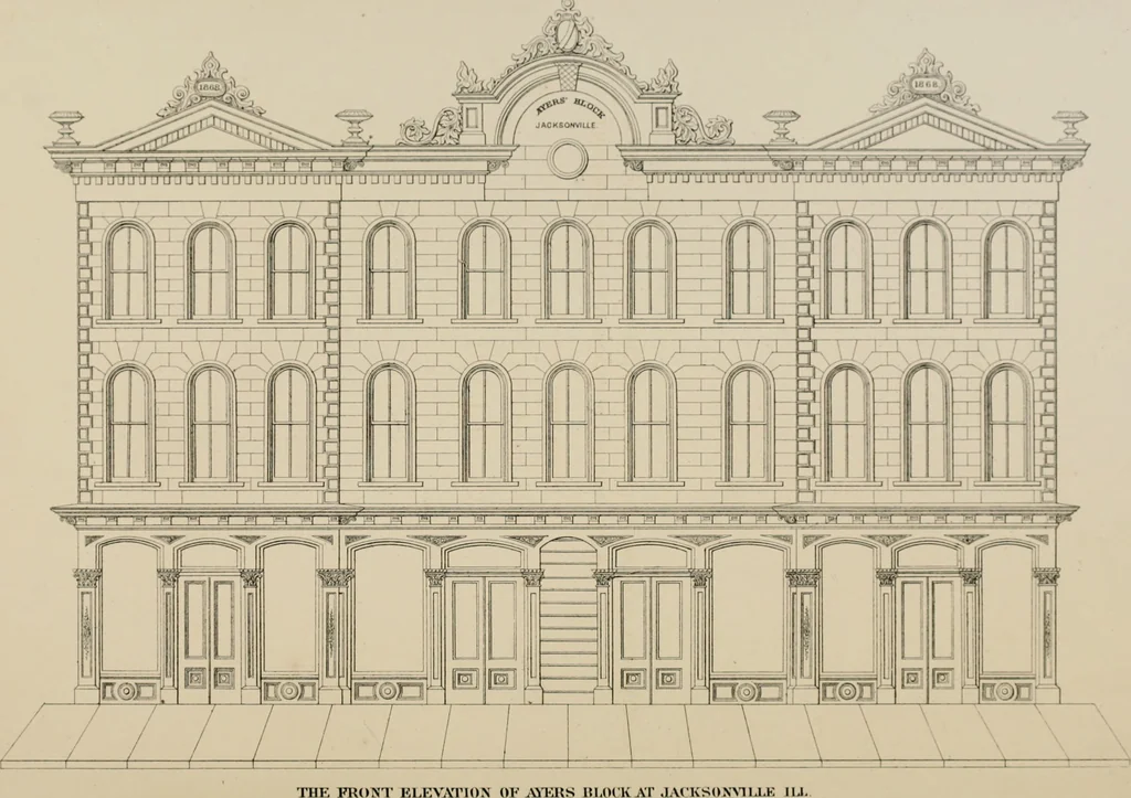 An illustration from Bicknell's village builder. Elevations and plans for cottages, villas, suburban residences, farm houses [etc.] also exterior and interior details for public and private buildings, with approved forms of contracts and specifications. Containing fifty-five plates drawn to scale, 1872, leaf 108