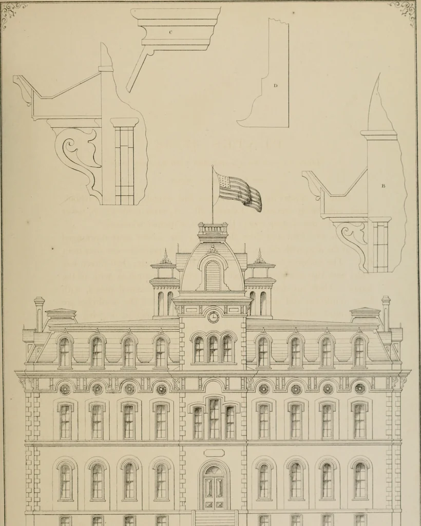 An illustration from Bicknell's village builder. Elevations and plans for cottages, villas, suburban residences, farm houses [etc.] also exterior and interior details for public and private buildings, with approved forms of contracts and specifications. Containing fifty-five plates drawn to scale, 1872, leaf 112