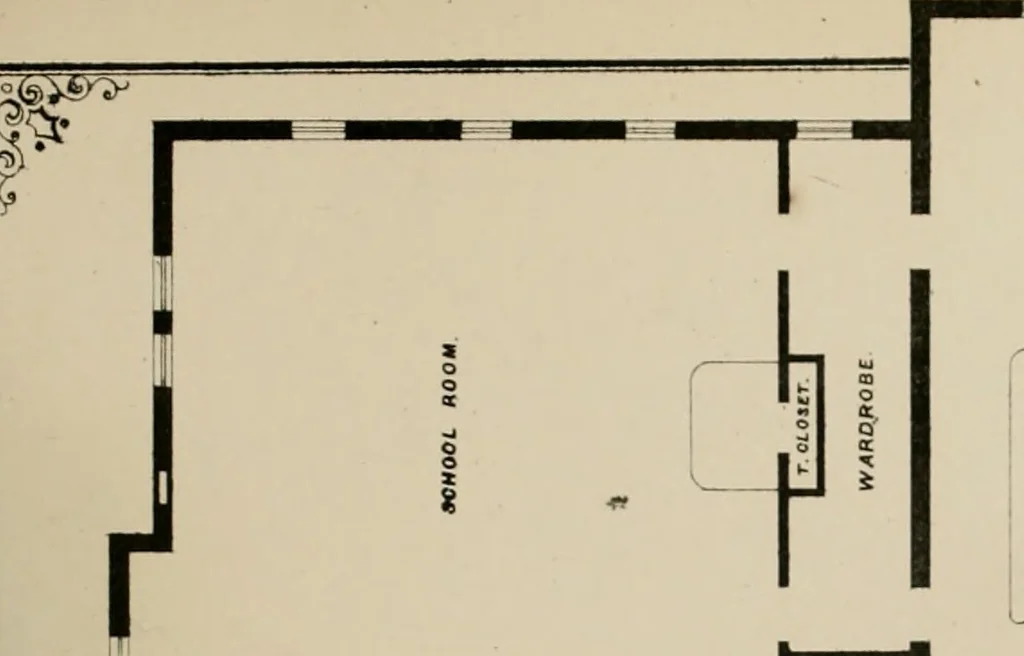 An illustration from Bicknell's village builder. Elevations and plans for cottages, villas, suburban residences, farm houses [etc.] also exterior and interior details for public and private buildings, with approved forms of contracts and specifications. Containing fifty-five plates drawn to scale, 1872, leaf 114