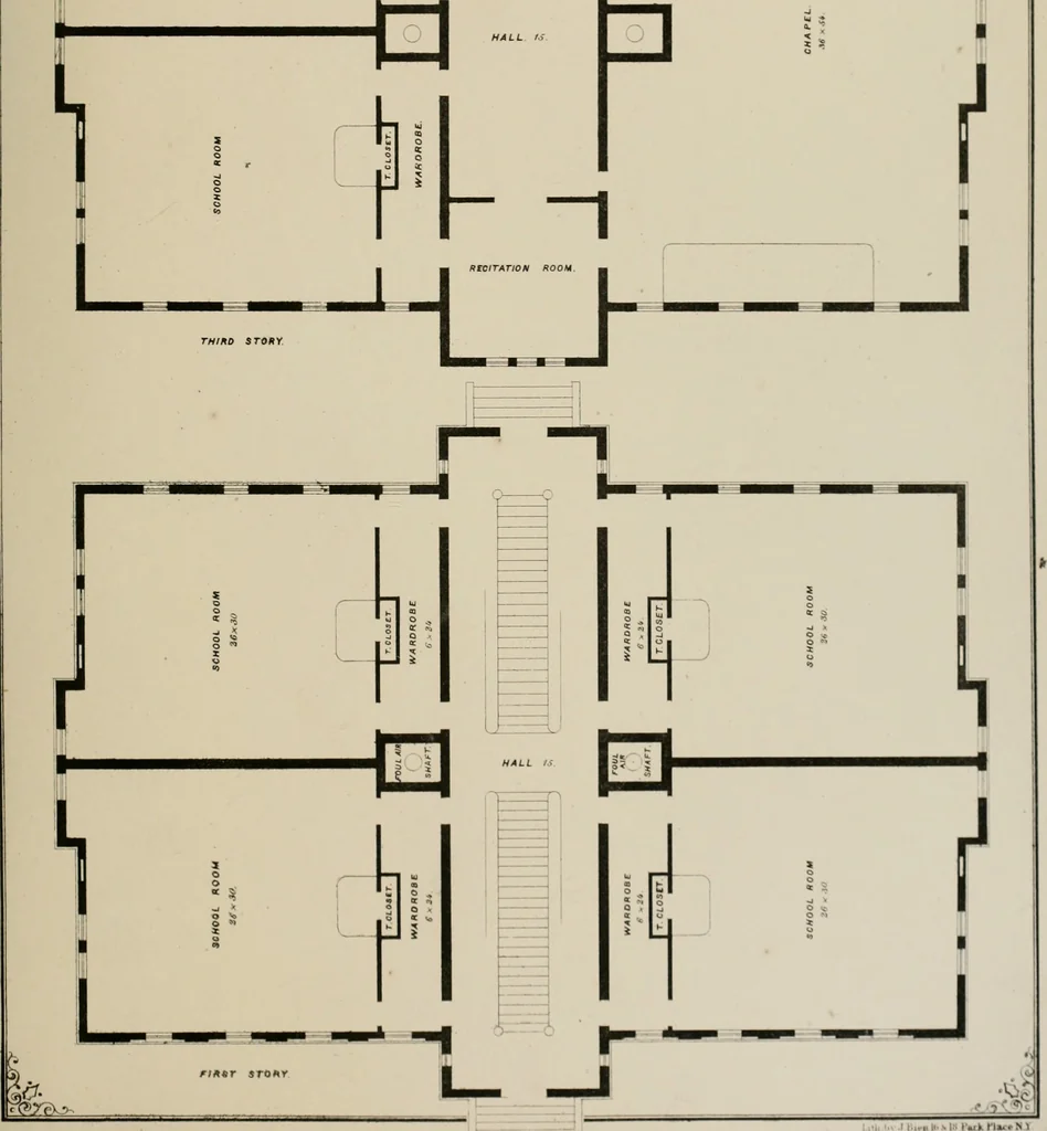 An illustration from Bicknell's village builder. Elevations and plans for cottages, villas, suburban residences, farm houses [etc.] also exterior and interior details for public and private buildings, with approved forms of contracts and specifications. Containing fifty-five plates drawn to scale, 1872, leaf 114