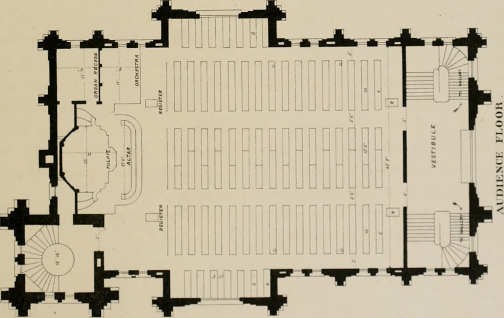 An illustration from Bicknell's village builder. Elevations and plans for cottages, villas, suburban residences, farm houses [etc.] also exterior and interior details for public and private buildings, with approved forms of contracts and specifications. Containing fifty-five plates drawn to scale, 1872, leaf 118