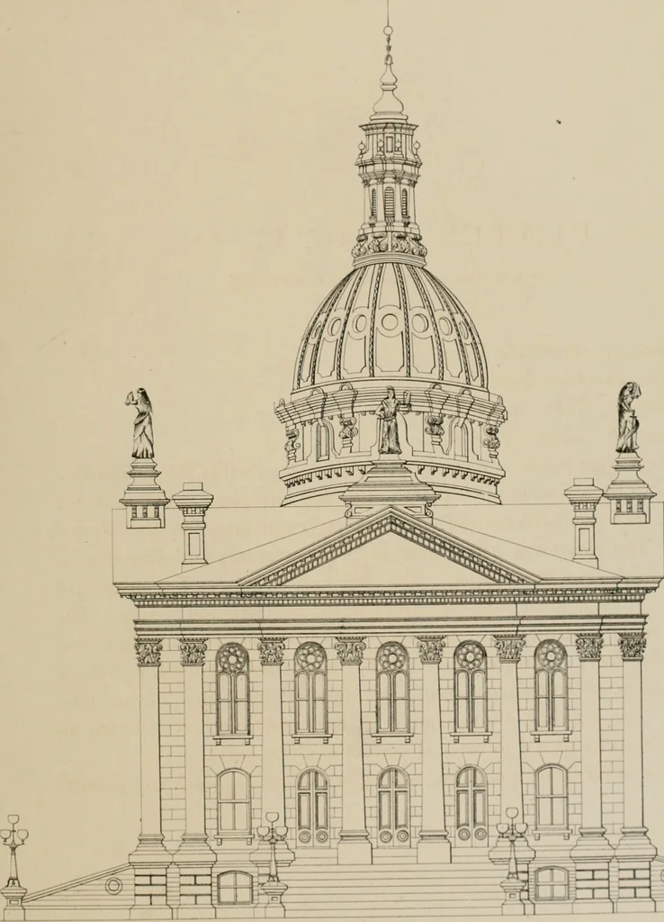An illustration from Bicknell's village builder. Elevations and plans for cottages, villas, suburban residences, farm houses [etc.] also exterior and interior details for public and private buildings, with approved forms of contracts and specifications. Containing fifty-five plates drawn to scale, 1872, leaf 122