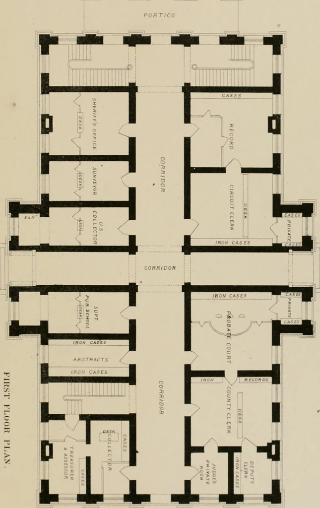 An illustration from Bicknell's village builder. Elevations and plans for cottages, villas, suburban residences, farm houses [etc.] also exterior and interior details for public and private buildings, with approved forms of contracts and specifications. Containing fifty-five plates drawn to scale, 1872, leaf 124