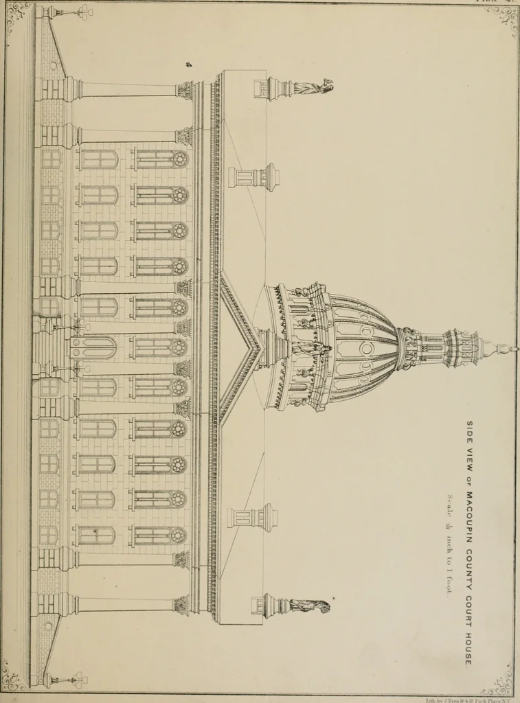 An illustration from Bicknell's village builder. Elevations and plans for cottages, villas, suburban residences, farm houses [etc.] also exterior and interior details for public and private buildings, with approved forms of contracts and specifications. Containing fifty-five plates drawn to scale, 1872, leaf 126