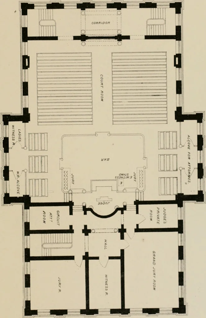 An illustration from Bicknell's village builder. Elevations and plans for cottages, villas, suburban residences, farm houses [etc.] also exterior and interior details for public and private buildings, with approved forms of contracts and specifications. Containing fifty-five plates drawn to scale, 1872, leaf 128