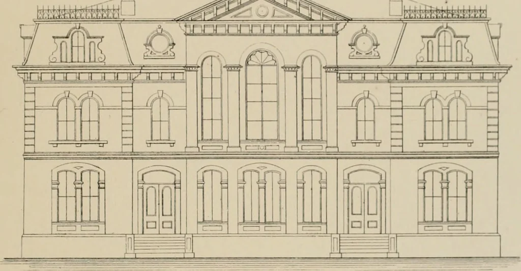 An illustration from Bicknell's village builder. Elevations and plans for cottages, villas, suburban residences, farm houses [etc.] also exterior and interior details for public and private buildings, with approved forms of contracts and specifications. Containing fifty-five plates drawn to scale, 1872, leaf 130