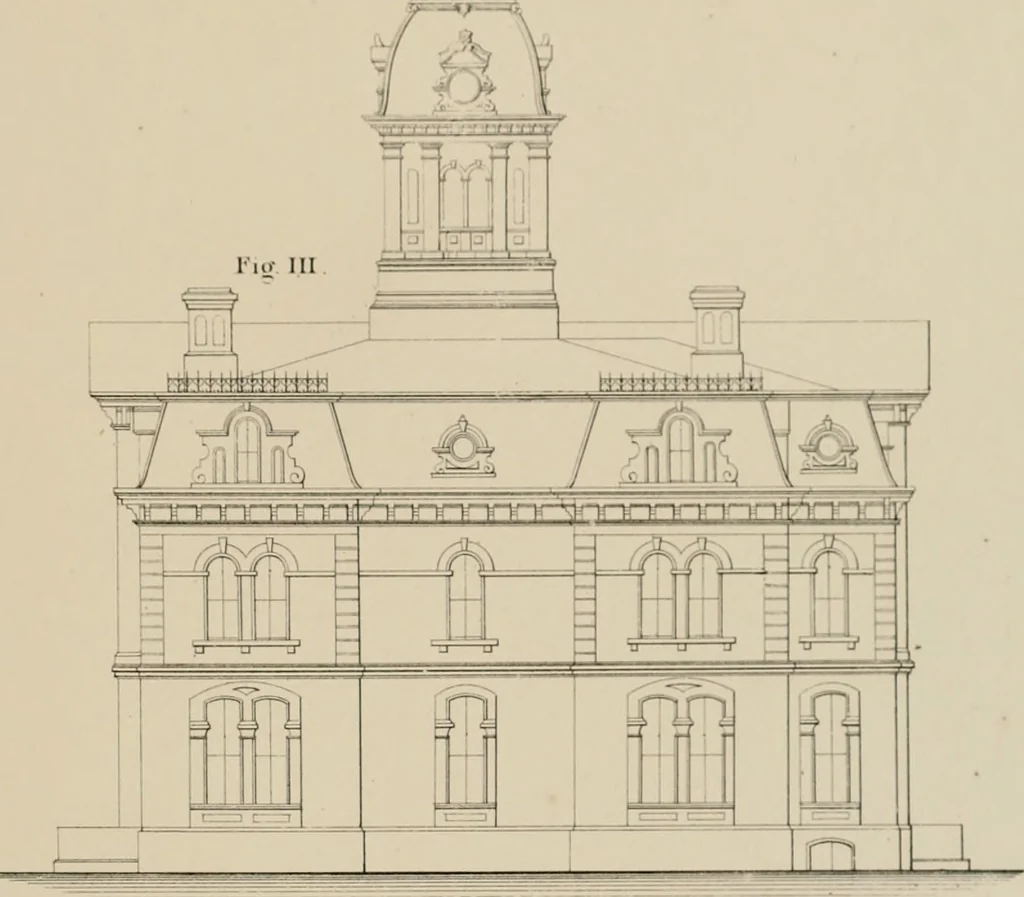 An illustration from Bicknell's village builder. Elevations and plans for cottages, villas, suburban residences, farm houses [etc.] also exterior and interior details for public and private buildings, with approved forms of contracts and specifications. Containing fifty-five plates drawn to scale, 1872, leaf 132