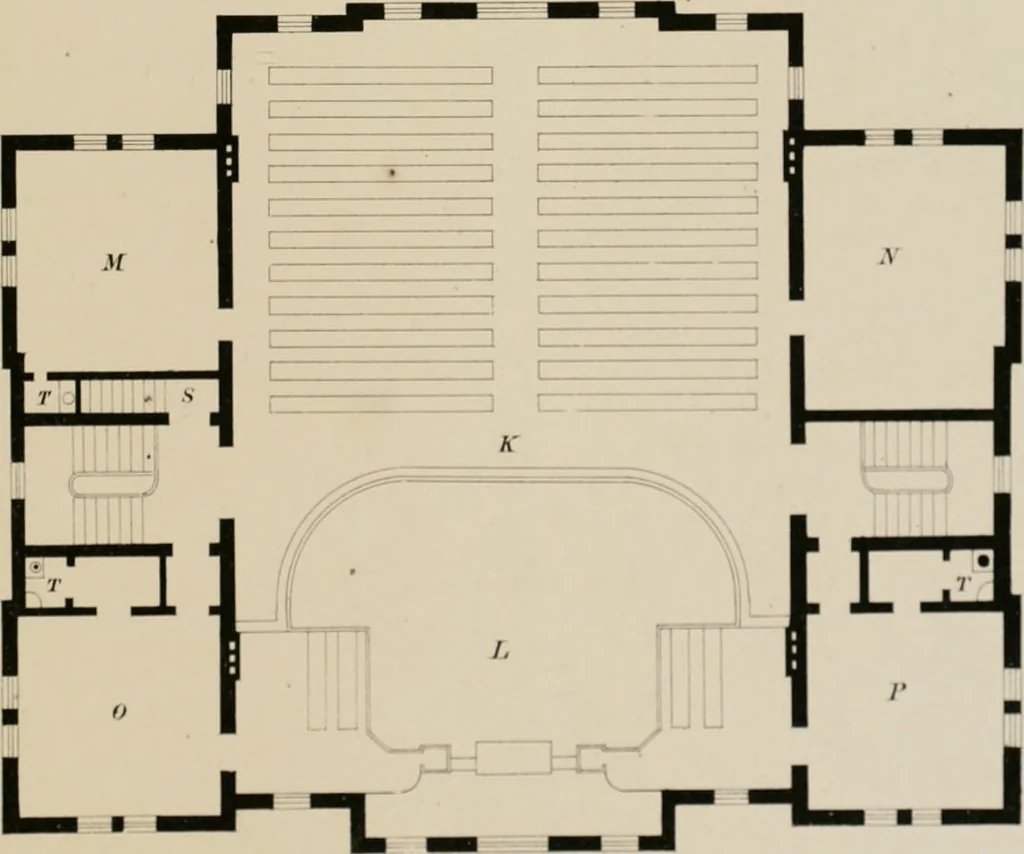 An illustration from Bicknell's village builder. Elevations and plans for cottages, villas, suburban residences, farm houses [etc.] also exterior and interior details for public and private buildings, with approved forms of contracts and specifications. Containing fifty-five plates drawn to scale, 1872, leaf 132