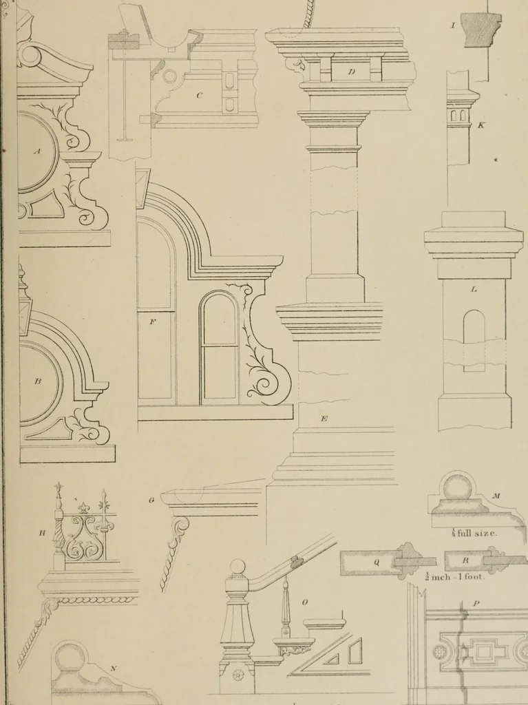 An illustration from Bicknell's village builder. Elevations and plans for cottages, villas, suburban residences, farm houses [etc.] also exterior and interior details for public and private buildings, with approved forms of contracts and specifications. Containing fifty-five plates drawn to scale, 1872, leaf 134