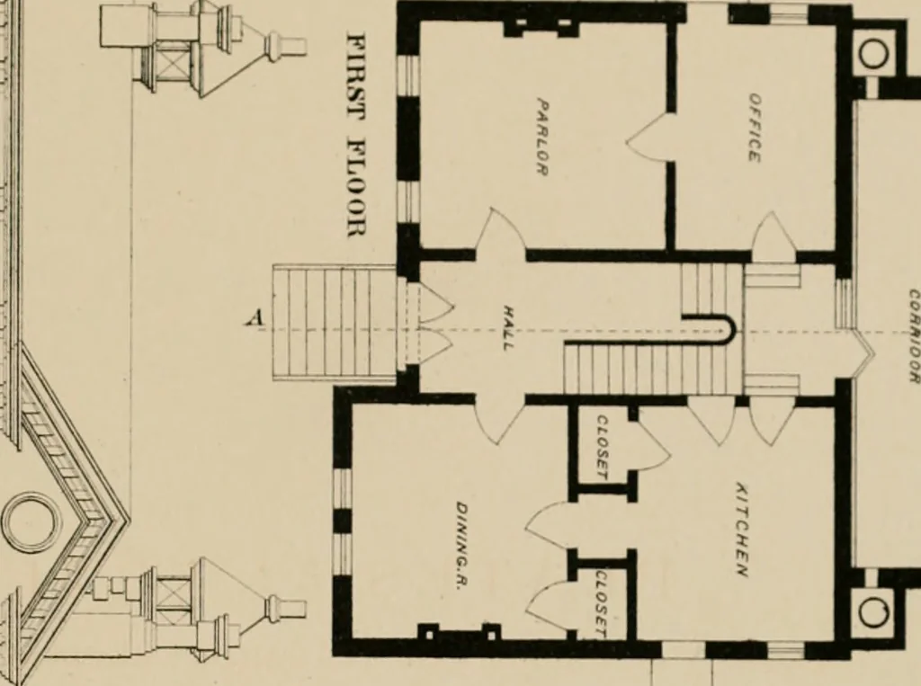 An illustration from Bicknell's village builder. Elevations and plans for cottages, villas, suburban residences, farm houses [etc.] also exterior and interior details for public and private buildings, with approved forms of contracts and specifications. Containing fifty-five plates drawn to scale, 1872, leaf 138