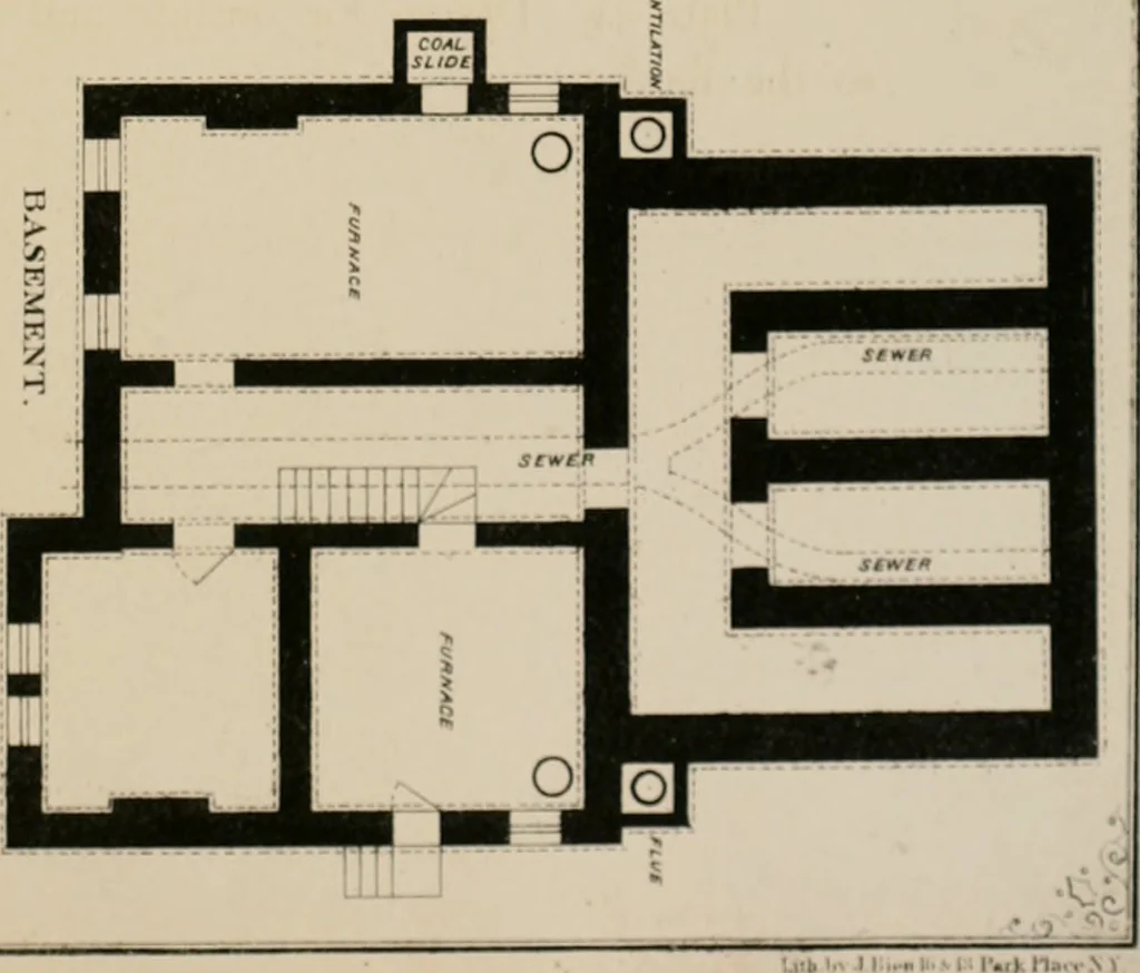 An illustration from Bicknell's village builder. Elevations and plans for cottages, villas, suburban residences, farm houses [etc.] also exterior and interior details for public and private buildings, with approved forms of contracts and specifications. Containing fifty-five plates drawn to scale, 1872, leaf 138
