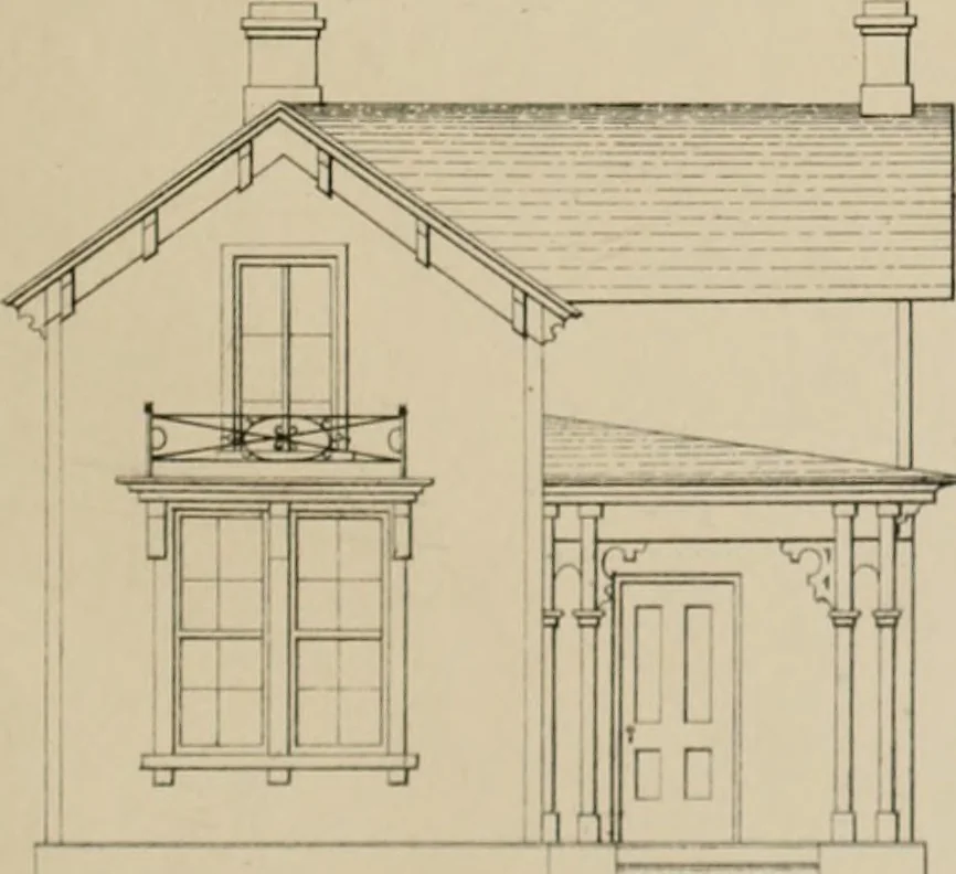 An illustration from Bicknell's village builder. Elevations and plans for cottages, villas, suburban residences, farm houses [etc.] also exterior and interior details for public and private buildings, with approved forms of contracts and specifications. Containing fifty-five plates drawn to scale, 1872, leaf 14