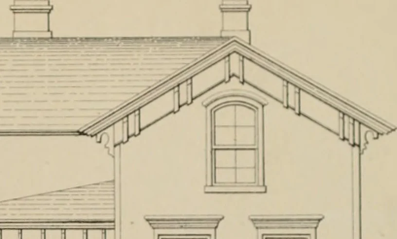 An illustration from Bicknell's village builder. Elevations and plans for cottages, villas, suburban residences, farm houses [etc.] also exterior and interior details for public and private buildings, with approved forms of contracts and specifications. Containing fifty-five plates drawn to scale, 1872, leaf 14