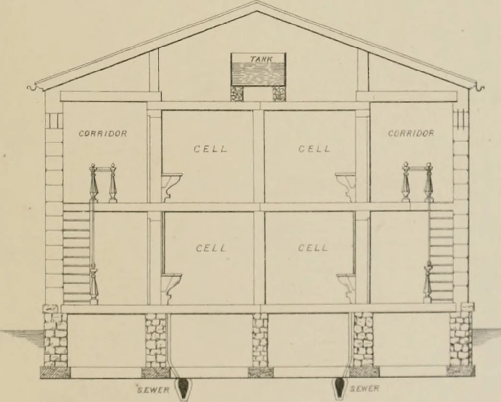 An illustration from Bicknell's village builder. Elevations and plans for cottages, villas, suburban residences, farm houses [etc.] also exterior and interior details for public and private buildings, with approved forms of contracts and specifications. Containing fifty-five plates drawn to scale, 1872, leaf 140