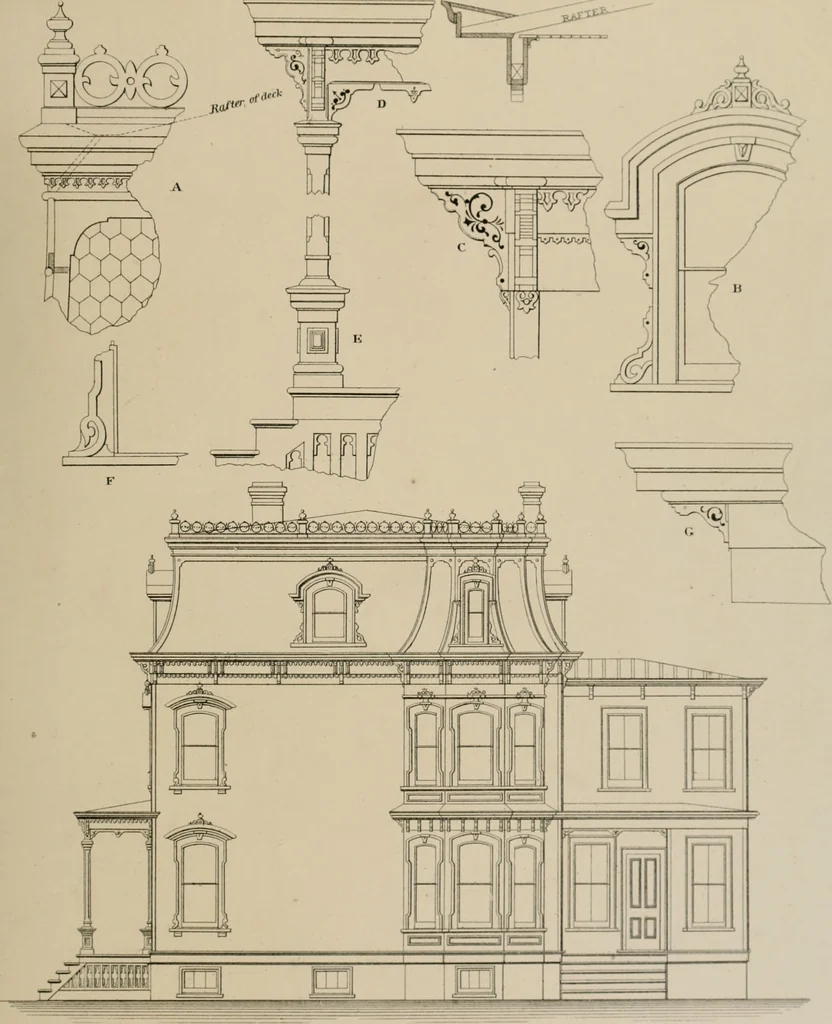 An illustration from Bicknell's village builder. Elevations and plans for cottages, villas, suburban residences, farm houses [etc.] also exterior and interior details for public and private buildings, with approved forms of contracts and specifications. Containing fifty-five plates drawn to scale, 1872, leaf 148