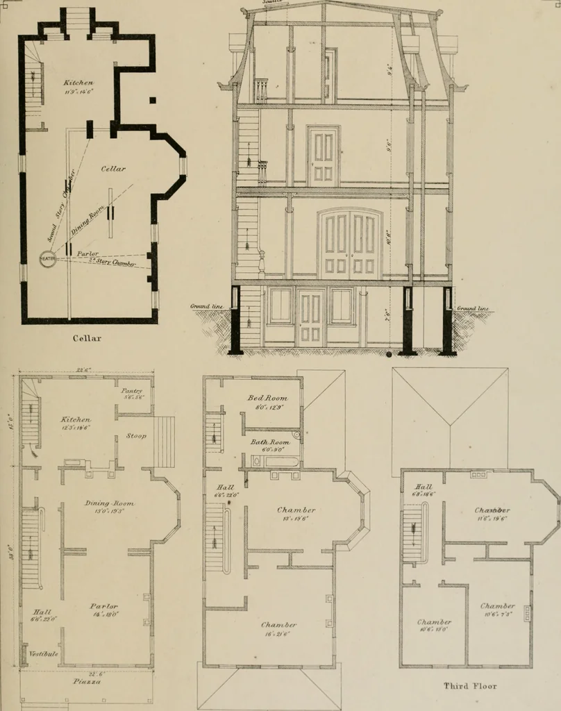 An illustration from Bicknell's village builder. Elevations and plans for cottages, villas, suburban residences, farm houses [etc.] also exterior and interior details for public and private buildings, with approved forms of contracts and specifications. Containing fifty-five plates drawn to scale, 1872, leaf 150