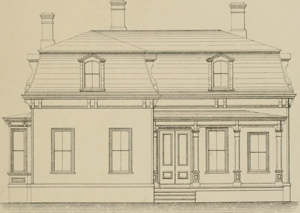 An illustration from Bicknell's village builder. Elevations and plans for cottages, villas, suburban residences, farm houses [etc.] also exterior and interior details for public and private buildings, with approved forms of contracts and specifications. Containing fifty-five plates drawn to scale, 1872, leaf 16