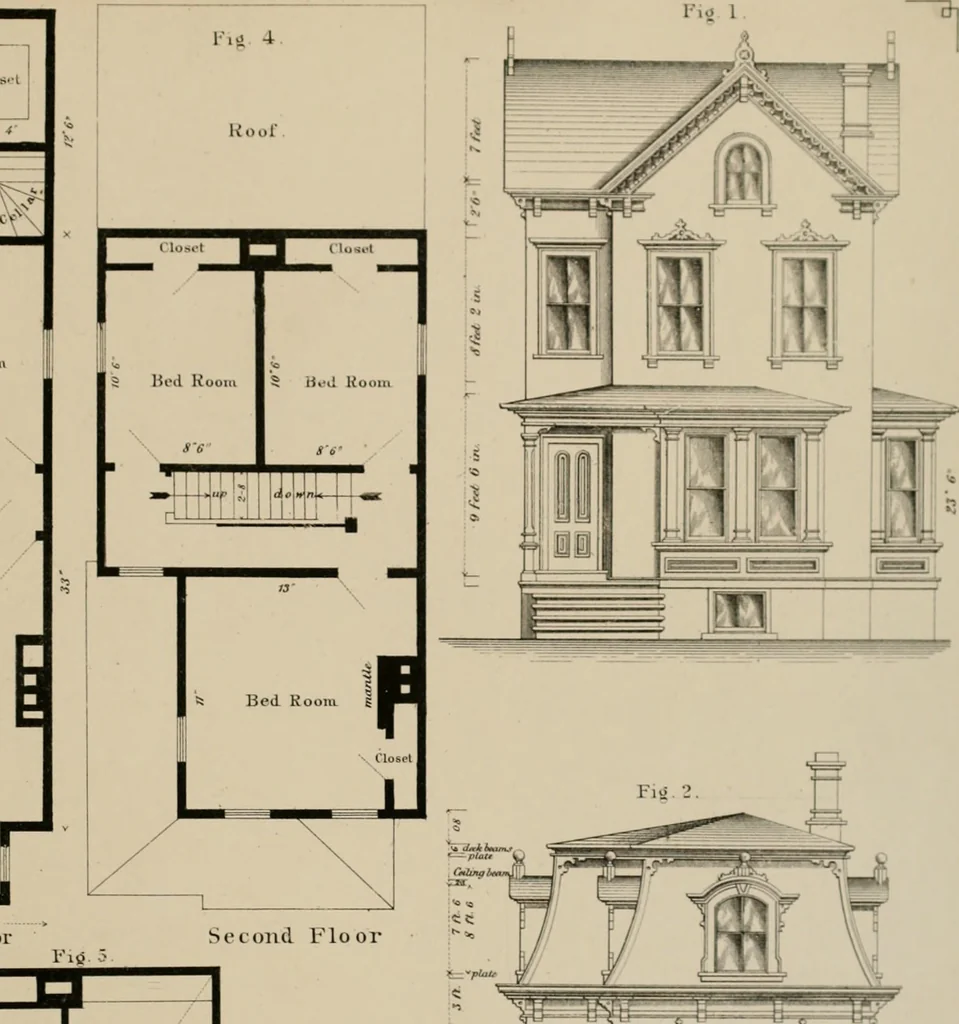 An illustration from Bicknell's village builder. Elevations and plans for cottages, villas, suburban residences, farm houses [etc.] also exterior and interior details for public and private buildings, with approved forms of contracts and specifications. Containing fifty-five plates drawn to scale, 1872, leaf 160