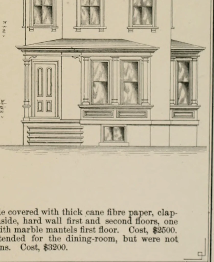An illustration from Bicknell's village builder. Elevations and plans for cottages, villas, suburban residences, farm houses [etc.] also exterior and interior details for public and private buildings, with approved forms of contracts and specifications. Containing fifty-five plates drawn to scale, 1872, leaf 160
