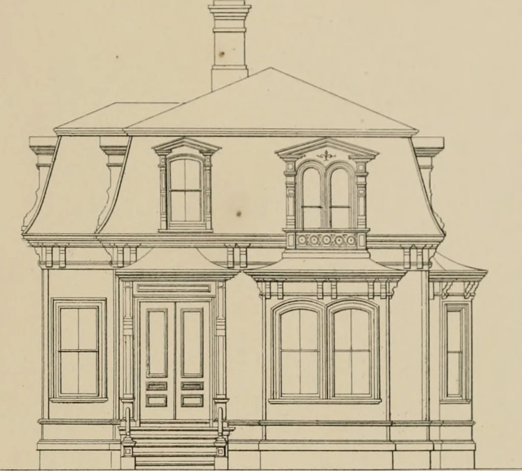 An illustration from Bicknell's village builder. Elevations and plans for cottages, villas, suburban residences, farm houses [etc.] also exterior and interior details for public and private buildings, with approved forms of contracts and specifications. Containing fifty-five plates drawn to scale, 1872, leaf 162