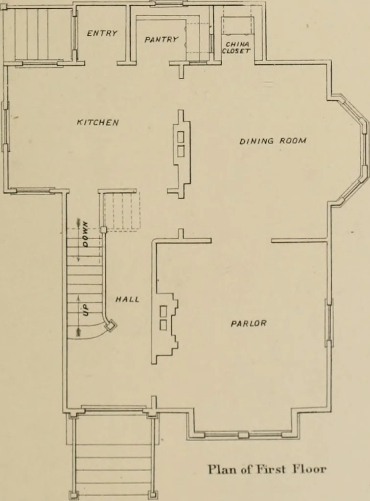 An illustration from Bicknell's village builder. Elevations and plans for cottages, villas, suburban residences, farm houses [etc.] also exterior and interior details for public and private buildings, with approved forms of contracts and specifications. Containing fifty-five plates drawn to scale, 1872, leaf 162