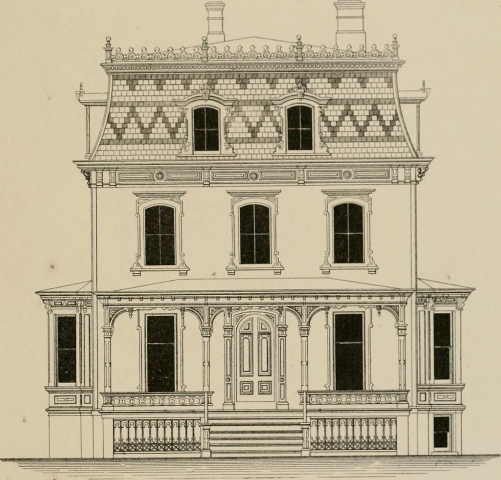 An illustration from Bicknell's village builder. Elevations and plans for cottages, villas, suburban residences, farm houses [etc.] also exterior and interior details for public and private buildings, with approved forms of contracts and specifications. Containing fifty-five plates drawn to scale, 1872, leaf 166