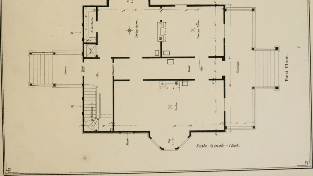 An illustration from Bicknell's village builder. Elevations and plans for cottages, villas, suburban residences, farm houses [etc.] also exterior and interior details for public and private buildings, with approved forms of contracts and specifications. Containing fifty-five plates drawn to scale, 1872, leaf 166