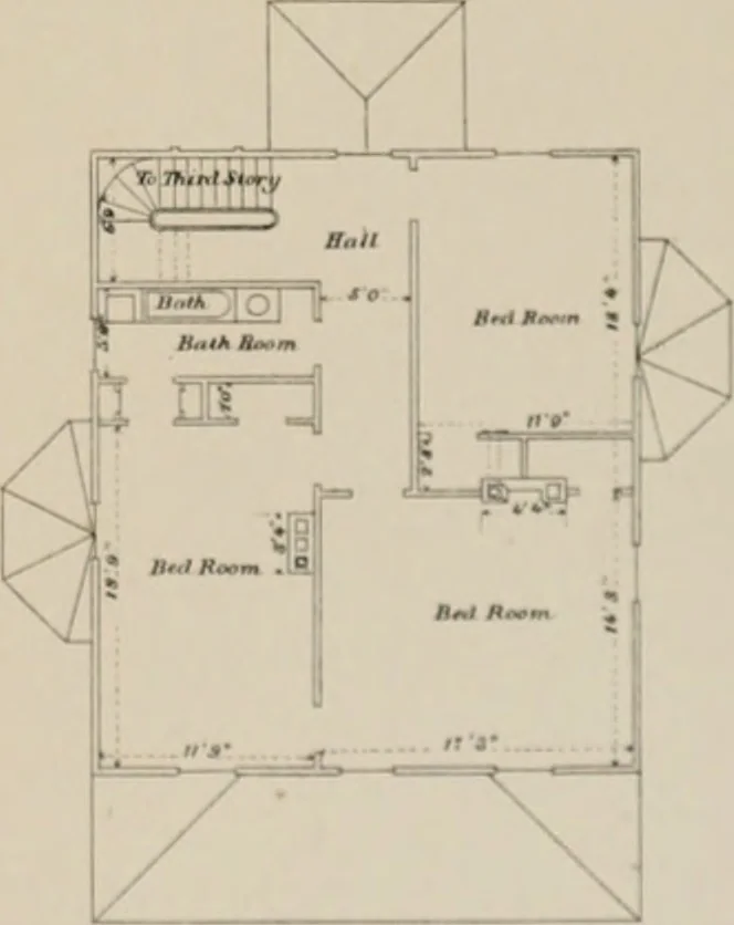 An illustration from Bicknell's village builder. Elevations and plans for cottages, villas, suburban residences, farm houses [etc.] also exterior and interior details for public and private buildings, with approved forms of contracts and specifications. Containing fifty-five plates drawn to scale, 1872, leaf 168