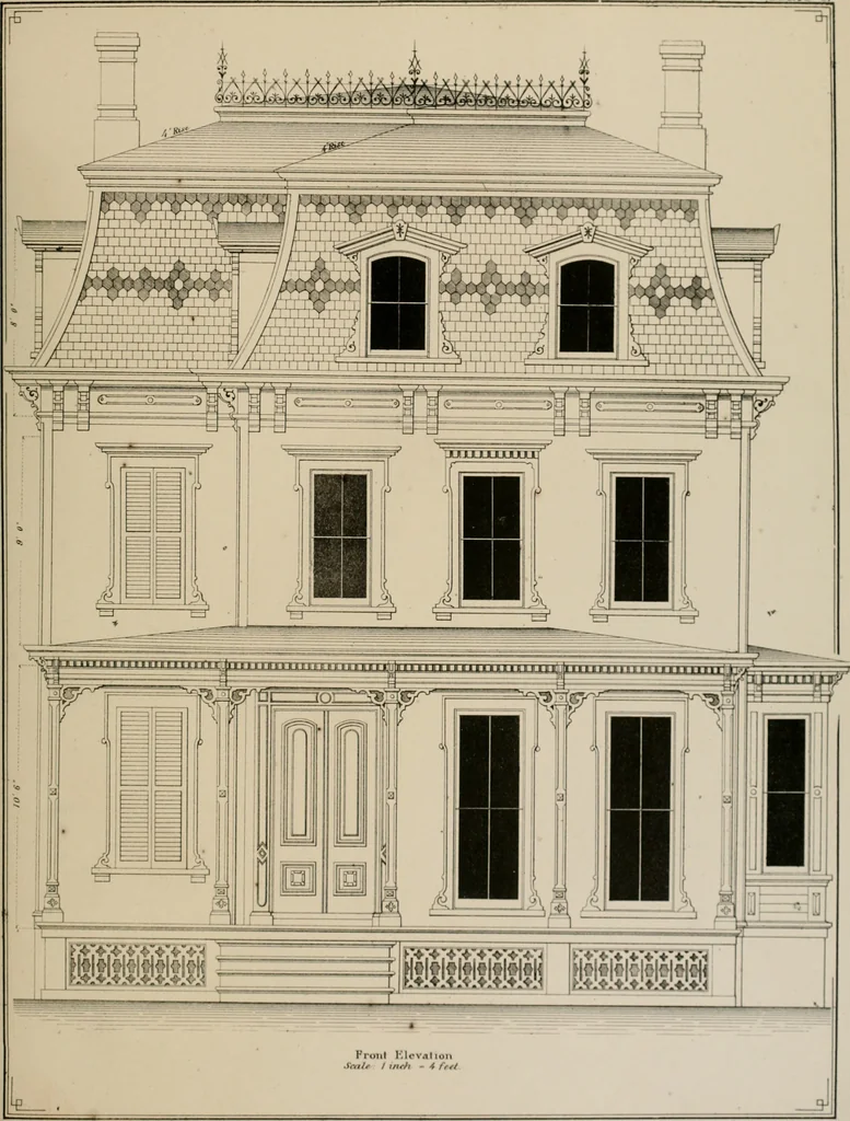 An illustration from Bicknell's village builder. Elevations and plans for cottages, villas, suburban residences, farm houses [etc.] also exterior and interior details for public and private buildings, with approved forms of contracts and specifications. Containing fifty-five plates drawn to scale, 1872, leaf 170