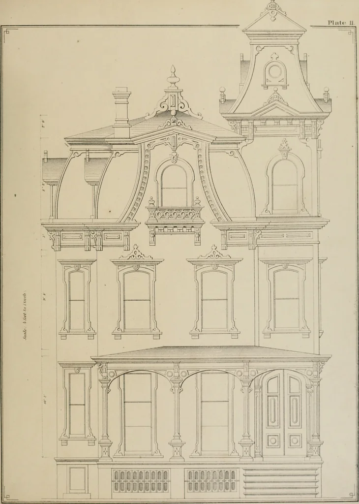 An illustration from Bicknell's village builder. Elevations and plans for cottages, villas, suburban residences, farm houses [etc.] also exterior and interior details for public and private buildings, with approved forms of contracts and specifications. Containing fifty-five plates drawn to scale, 1872, leaf 174