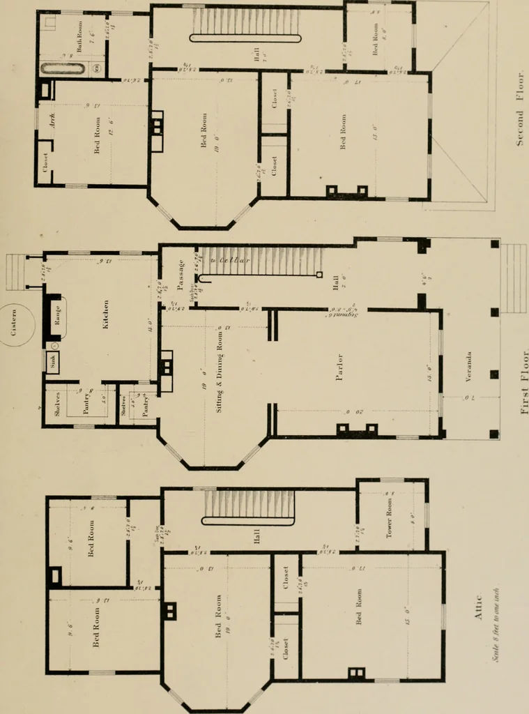 An illustration from Bicknell's village builder. Elevations and plans for cottages, villas, suburban residences, farm houses [etc.] also exterior and interior details for public and private buildings, with approved forms of contracts and specifications. Containing fifty-five plates drawn to scale, 1872, leaf 176