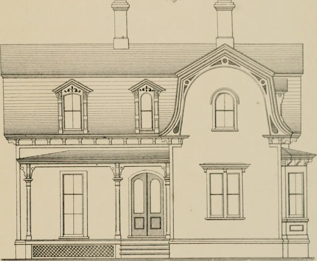 An illustration from Bicknell's village builder. Elevations and plans for cottages, villas, suburban residences, farm houses [etc.] also exterior and interior details for public and private buildings, with approved forms of contracts and specifications. Containing fifty-five plates drawn to scale, 1872, leaf 178
