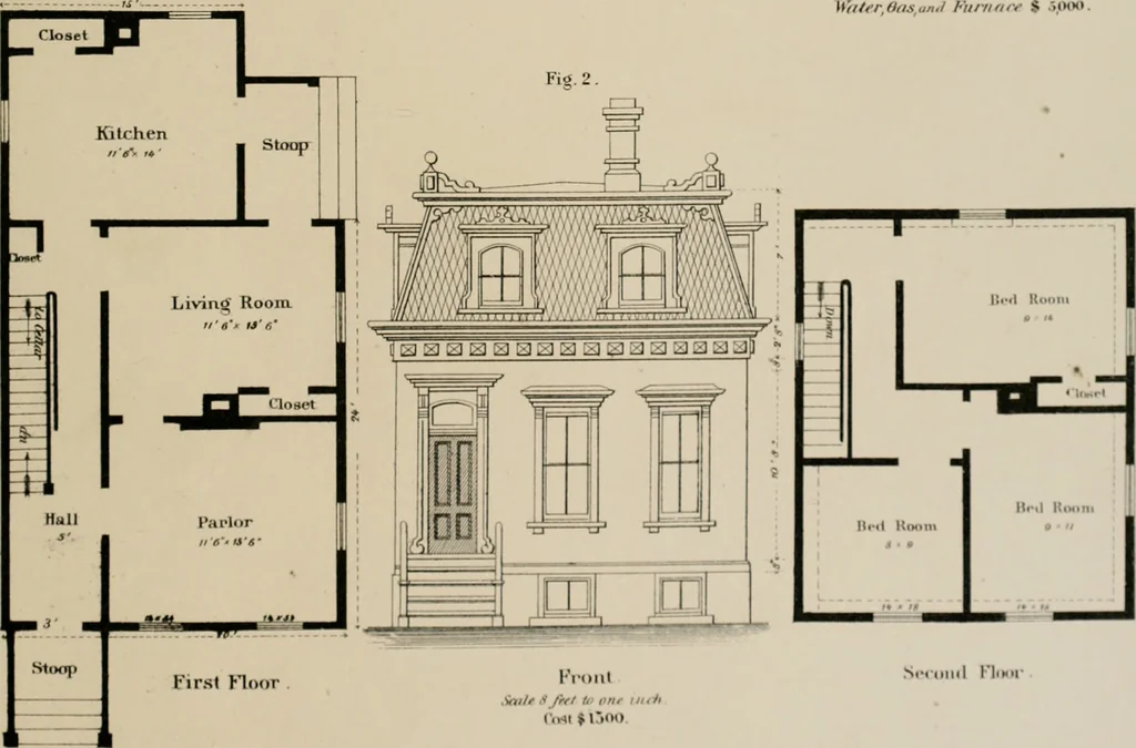 An illustration from Bicknell's village builder. Elevations and plans for cottages, villas, suburban residences, farm houses [etc.] also exterior and interior details for public and private buildings, with approved forms of contracts and specifications. Containing fifty-five plates drawn to scale, 1872, leaf 178