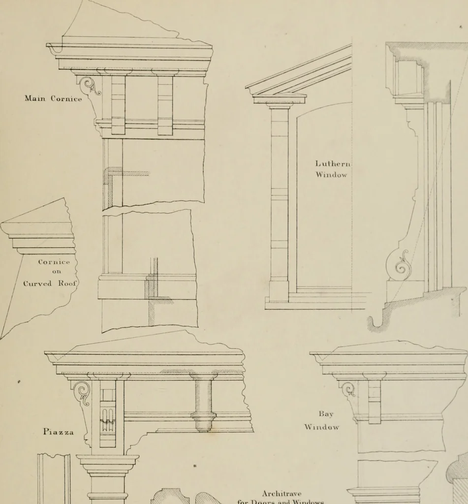 An illustration from Bicknell's village builder. Elevations and plans for cottages, villas, suburban residences, farm houses [etc.] also exterior and interior details for public and private buildings, with approved forms of contracts and specifications. Containing fifty-five plates drawn to scale, 1872, leaf 18