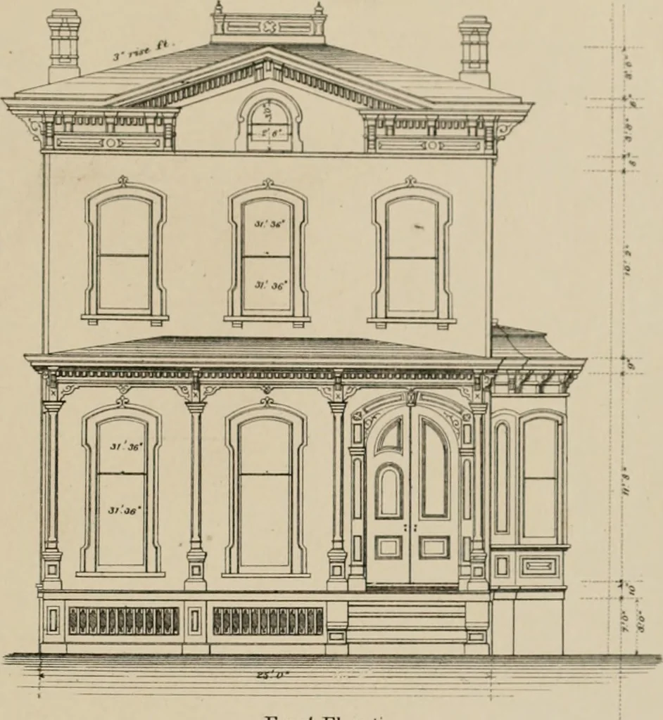 An illustration from Bicknell's village builder. Elevations and plans for cottages, villas, suburban residences, farm houses [etc.] also exterior and interior details for public and private buildings, with approved forms of contracts and specifications. Containing fifty-five plates drawn to scale, 1872, leaf 180