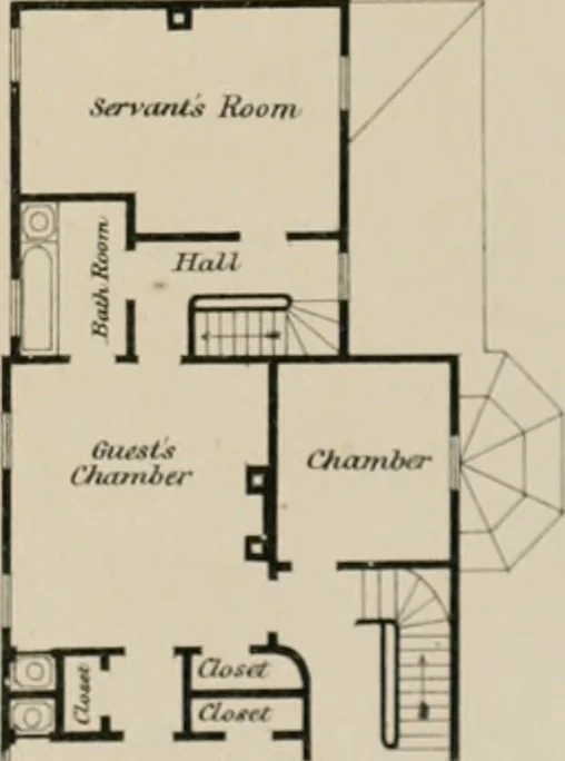 An illustration from Bicknell's village builder. Elevations and plans for cottages, villas, suburban residences, farm houses [etc.] also exterior and interior details for public and private buildings, with approved forms of contracts and specifications. Containing fifty-five plates drawn to scale, 1872, leaf 180