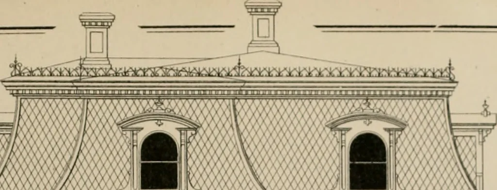 An illustration from Bicknell's village builder. Elevations and plans for cottages, villas, suburban residences, farm houses [etc.] also exterior and interior details for public and private buildings, with approved forms of contracts and specifications. Containing fifty-five plates drawn to scale, 1872, leaf 182
