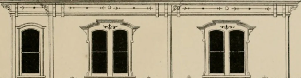 An illustration from Bicknell's village builder. Elevations and plans for cottages, villas, suburban residences, farm houses [etc.] also exterior and interior details for public and private buildings, with approved forms of contracts and specifications. Containing fifty-five plates drawn to scale, 1872, leaf 182