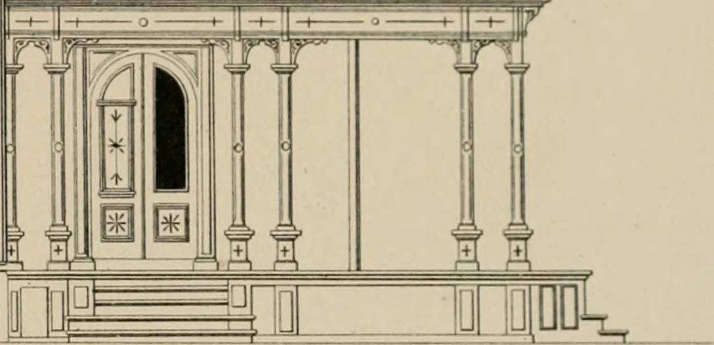 An illustration from Bicknell's village builder. Elevations and plans for cottages, villas, suburban residences, farm houses [etc.] also exterior and interior details for public and private buildings, with approved forms of contracts and specifications. Containing fifty-five plates drawn to scale, 1872, leaf 182