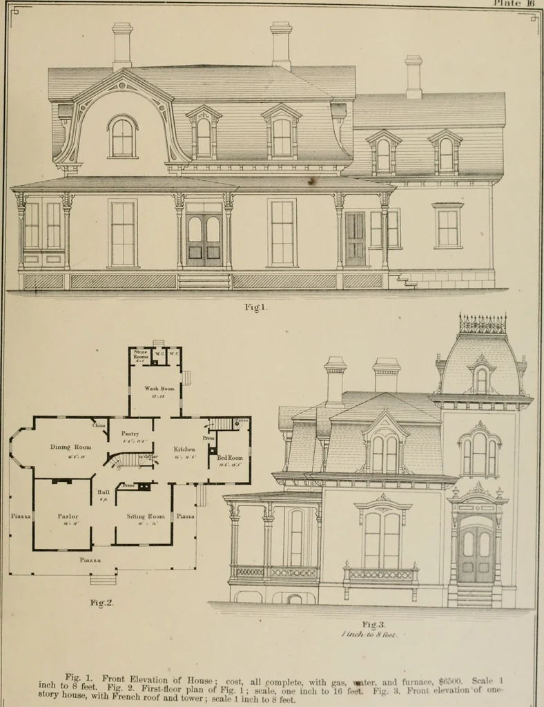 An illustration from Bicknell's village builder. Elevations and plans for cottages, villas, suburban residences, farm houses [etc.] also exterior and interior details for public and private buildings, with approved forms of contracts and specifications. Containing fifty-five plates drawn to scale, 1872, leaf 184