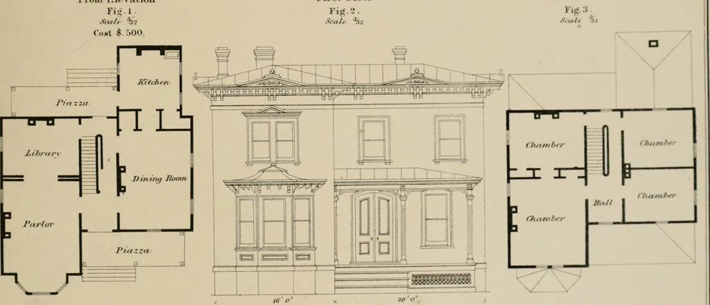An illustration from Bicknell's village builder. Elevations and plans for cottages, villas, suburban residences, farm houses [etc.] also exterior and interior details for public and private buildings, with approved forms of contracts and specifications. Containing fifty-five plates drawn to scale, 1872, leaf 186