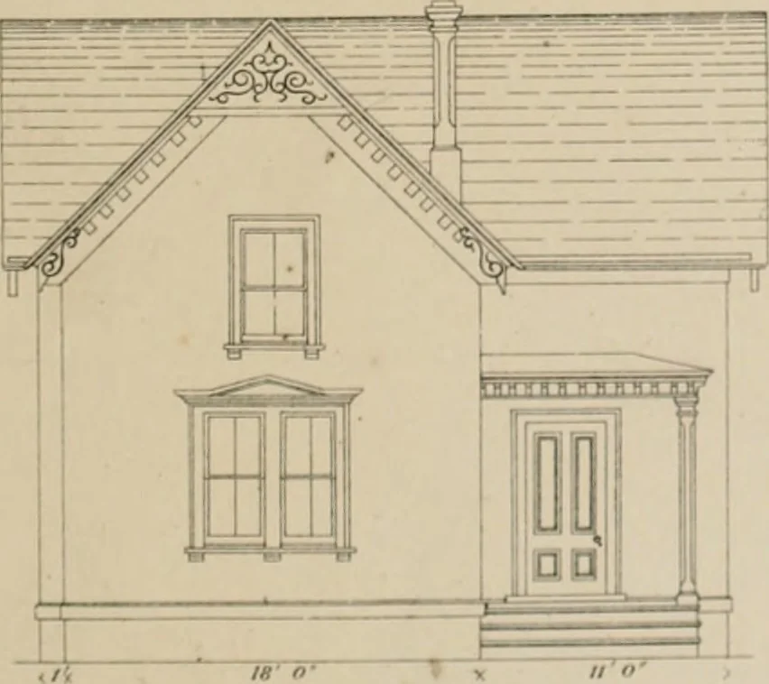 An illustration from Bicknell's village builder. Elevations and plans for cottages, villas, suburban residences, farm houses [etc.] also exterior and interior details for public and private buildings, with approved forms of contracts and specifications. Containing fifty-five plates drawn to scale, 1872, leaf 186