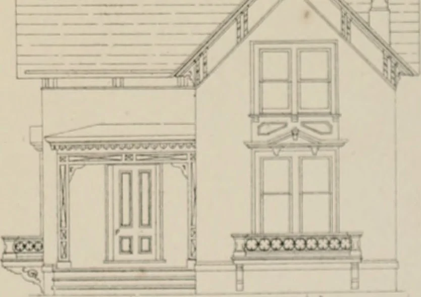 An illustration from Bicknell's village builder. Elevations and plans for cottages, villas, suburban residences, farm houses [etc.] also exterior and interior details for public and private buildings, with approved forms of contracts and specifications. Containing fifty-five plates drawn to scale, 1872, leaf 186
