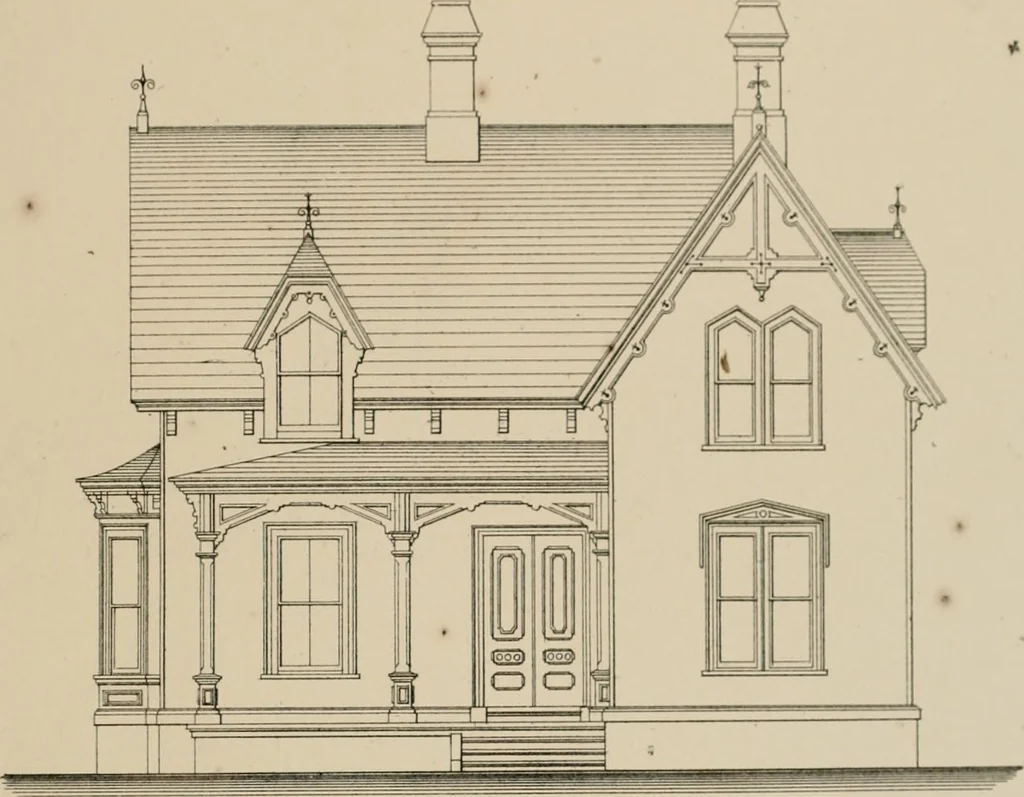 An illustration from Bicknell's village builder. Elevations and plans for cottages, villas, suburban residences, farm houses [etc.] also exterior and interior details for public and private buildings, with approved forms of contracts and specifications. Containing fifty-five plates drawn to scale, 1872, leaf 188