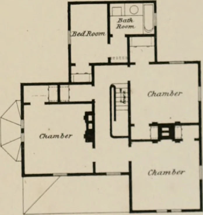 An illustration from Bicknell's village builder. Elevations and plans for cottages, villas, suburban residences, farm houses [etc.] also exterior and interior details for public and private buildings, with approved forms of contracts and specifications. Containing fifty-five plates drawn to scale, 1872, leaf 188