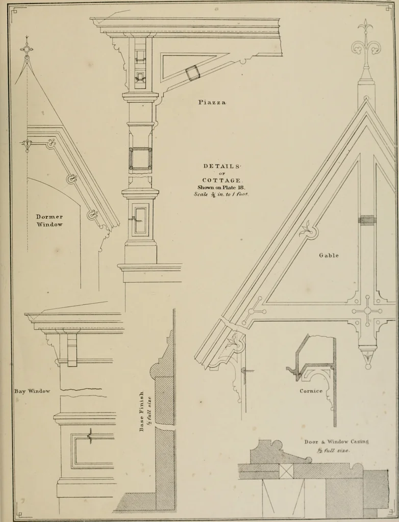 An illustration from Bicknell's village builder. Elevations and plans for cottages, villas, suburban residences, farm houses [etc.] also exterior and interior details for public and private buildings, with approved forms of contracts and specifications. Containing fifty-five plates drawn to scale, 1872, leaf 190
