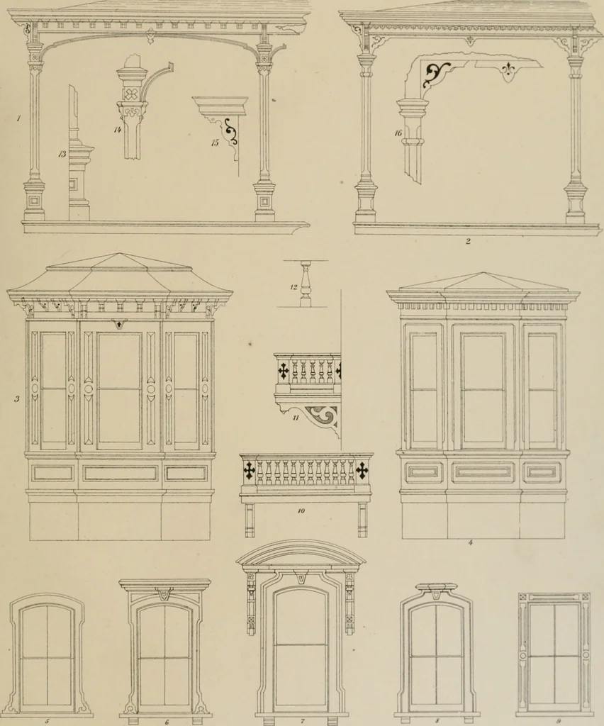 An illustration from Bicknell's village builder. Elevations and plans for cottages, villas, suburban residences, farm houses [etc.] also exterior and interior details for public and private buildings, with approved forms of contracts and specifications. Containing fifty-five plates drawn to scale, 1872, leaf 192